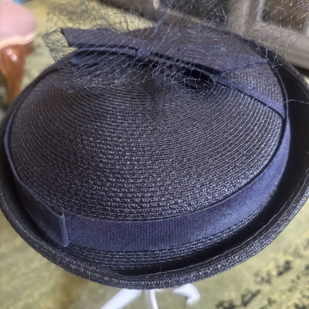 Vintage 60s Rose Millinery Woven Blue Brim Hat Fascinator Church Tea Party 1950s